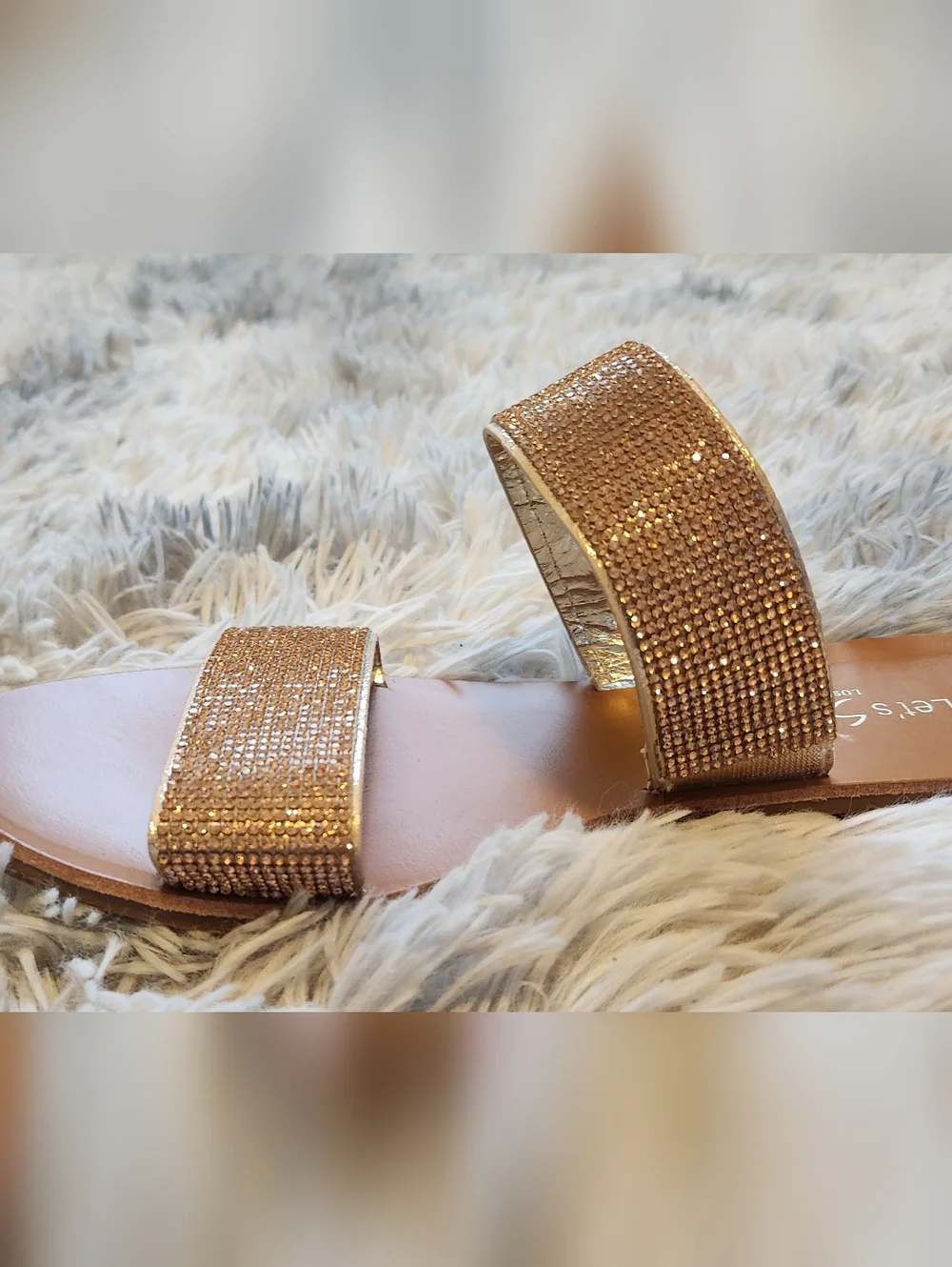 Gold Rhinestone Double-Strap Slide Sandals - Picture 5 of 5